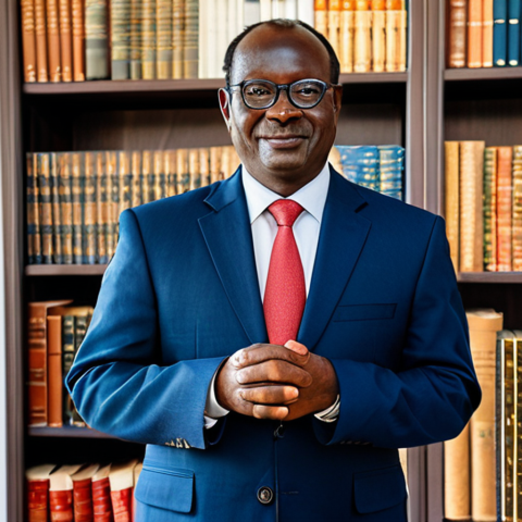 A professional Chadian legal expert, fully clothed in a modest business suit with subtle, respectful traditional fabric patterns, stands confidently in a well-lit, modern office. In the background, a bookshelf holds both contemporary legal texts and a beautifully crafted, modest traditional Chadian artifact, symbolizing the fusion of positive and customary law. The subject has perfect anatomy and correct proportions, with well-formed hands in a natural pose. The image is a professional photograph, high-resolution, sharp focus, vibrant colors, appropriate content, safe for work, and family-friendly.