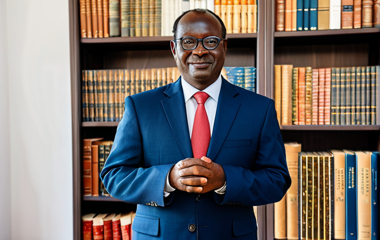 A professional Chadian legal expert, fully clothed in a modest business suit with subtle, respectful traditional fabric patterns, stands confidently in a well-lit, modern office. In the background, a bookshelf holds both contemporary legal texts and a beautifully crafted, modest traditional Chadian artifact, symbolizing the fusion of positive and customary law. The subject has perfect anatomy and correct proportions, with well-formed hands in a natural pose. The image is a professional photograph, high-resolution, sharp focus, vibrant colors, appropriate content, safe for work, and family-friendly.