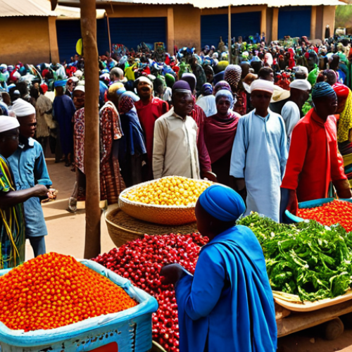 Home 25 A bustling open-air market scene in Chad, vibrant with activity and color. Numerous market-goers and vendors, of diverse ages, are moving between stalls. The stalls are overflowing with rich, colorful fabrics in patterns of indigo, deep red, and bright yellow, alongside mounds of fresh, colorful produce like red peppers and green leafy vegetables. All individuals are dressed in modest, traditional Chadian attire, fully clothed. The atmosphere is one of lively commerce and community, captured with professional photography. The image should feature perfect anatomy, correct proportions, well-formed hands, and natural body proportions, ensuring a safe for work, appropriate content, and family-friendly depiction.