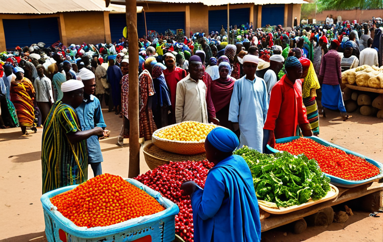 A bustling open-air market scene in Chad, vibrant with activity and color. Numerous market-goers and vendors, of diverse ages, are moving between stalls. The stalls are overflowing with rich, colorful fabrics in patterns of indigo, deep red, and bright yellow, alongside mounds of fresh, colorful produce like red peppers and green leafy vegetables. All individuals are dressed in modest, traditional Chadian attire, fully clothed. The atmosphere is one of lively commerce and community, captured with professional photography. The image should feature perfect anatomy, correct proportions, well-formed hands, and natural body proportions, ensuring a safe for work, appropriate content, and family-friendly depiction.