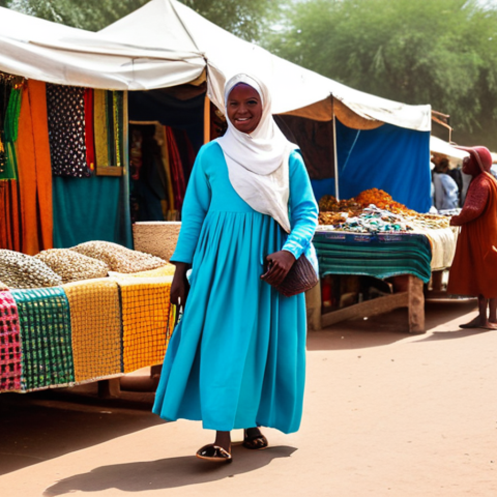 **

"A professional woman traveler in Chad, fully clothed in modest, loose-fitting clothing appropriate for the climate and local customs, including long sleeves and a long skirt. She is standing in a bustling marketplace in N'Djamena, interacting respectfully with local vendors. The background includes colorful textiles and local crafts. Safe for work, appropriate content, perfect anatomy, natural pose, family-friendly, professional photography, high quality."

**