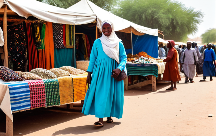 **

"A professional woman traveler in Chad, fully clothed in modest, loose-fitting clothing appropriate for the climate and local customs, including long sleeves and a long skirt. She is standing in a bustling marketplace in N'Djamena, interacting respectfully with local vendors. The background includes colorful textiles and local crafts. Safe for work, appropriate content, perfect anatomy, natural pose, family-friendly, professional photography, high quality."

**
