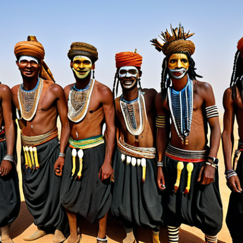 Home 22 Gerewol Dance**
"A group of Wodaabe men, fully clothed in traditional, colorful attire and elaborate face paint, performing the Gerewol dance. They are standing in a line in a Sahel landscape, demonstrating synchronized movements. Focus on their expressive faces and the details of their costumes. Safe for work, appropriate content, modest clothing, professional photography, perfect anatomy, correct proportions, natural pose, high quality, family-friendly."
**