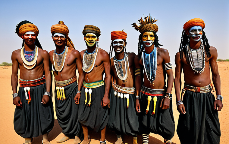 Gerewol Dance**

"A group of Wodaabe men, fully clothed in traditional, colorful attire and elaborate face paint, performing the Gerewol dance. They are standing in a line in a Sahel landscape, demonstrating synchronized movements. Focus on their expressive faces and the details of their costumes.  Safe for work, appropriate content, modest clothing, professional photography, perfect anatomy, correct proportions, natural pose, high quality, family-friendly."

**