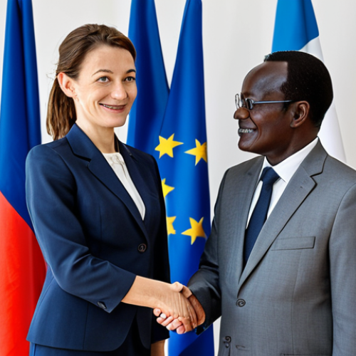 Home 9 Chad & France - Evolving Partnership**
"A professional scene depicting a modern Chadian businesswoman in modest business attire shaking hands with a French diplomat in a well-lit, contemporary office setting. Background shows a subtle blend of Chadian and French flags. Fully clothed, appropriate attire, safe for work, professional, family-friendly, perfect anatomy, correct proportions, natural pose, well-formed hands, proper finger count. High quality, realistic."
**