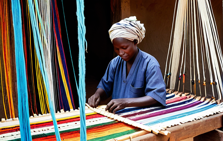 차드에서 유행하는 패션 스타일 - Traditional Textile Revival**
"A Chadian artisan working on a Kita cotton loom, surrounded by vibra...