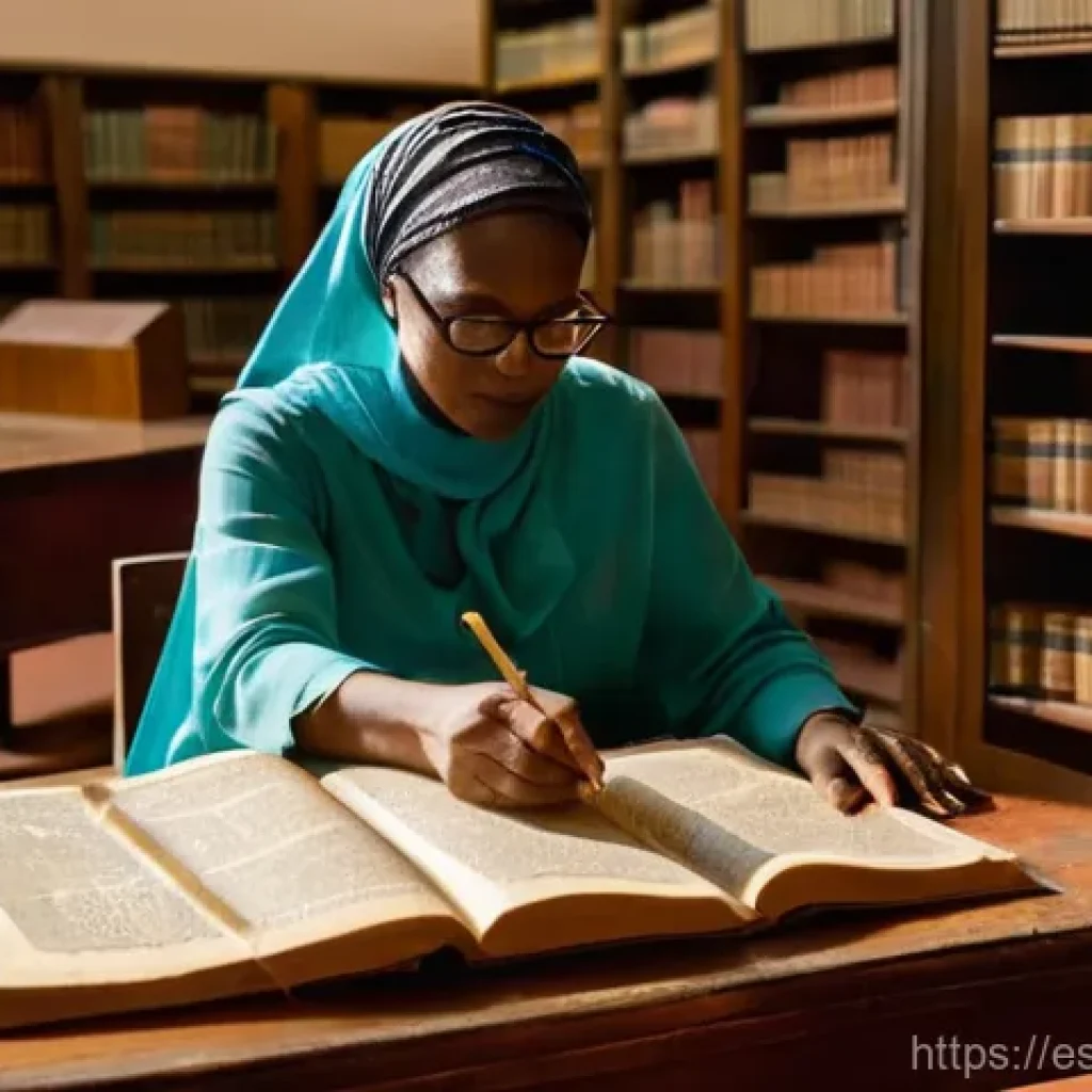 차드에서 가장 유명한 도서관 - **Prompt:** A dignified Chadian librarian, a woman in her late 40s wearing a modest, traditionally i...