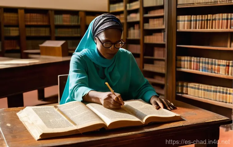 차드에서 가장 유명한 도서관 - **Prompt:** A dignified Chadian librarian, a woman in her late 40s wearing a modest, traditionally i...