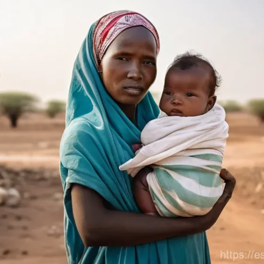 차드에서의 NGO 및 인도주의 활동 - **Prompt:** A young Chadian mother, dressed in a modest, vibrant headscarf and a simple traditional ...