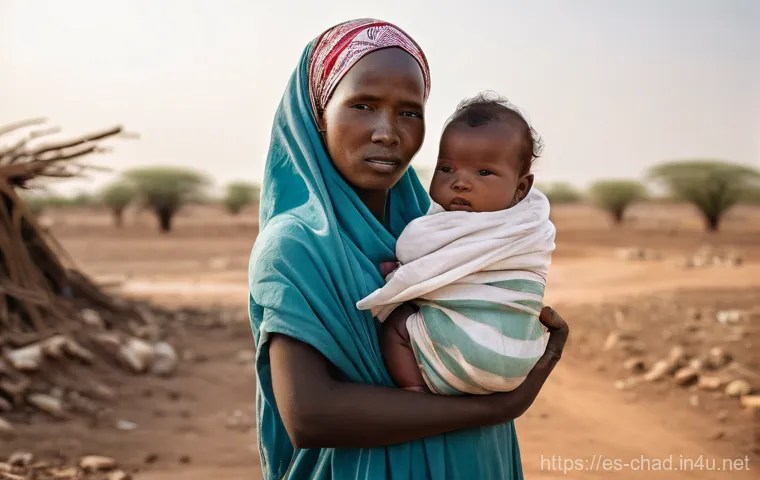 차드에서의 NGO 및 인도주의 활동 - **Prompt:** A young Chadian mother, dressed in a modest, vibrant headscarf and a simple traditional ...