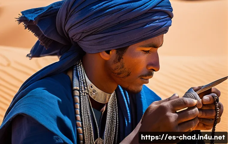 차드의 수공예품과 기념품 - **Chadian Tuareg Silver Artisan at Work:**
"A close-up, highly detailed photograph of a dignifie...