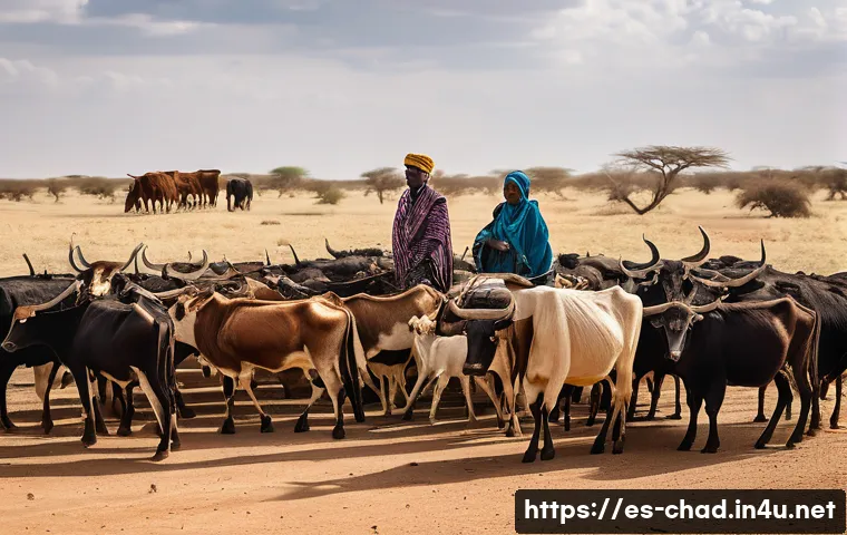 차드의 가축 산업과 유목민 문화 - **Prompt:** "A panoramic, wide-angle shot of a resilient Fulani nomadic family on their annual trans...