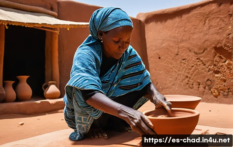 차드에서 배우는 전통 공예 - **Chadian Pottery Artisan in Gawi Village**
    "A close-up, highly detailed photo of a skilled Chad...