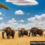 Home 20 차드 국립공원 탐방 - A majestic herd of African elephants roaming across expansive golden savanna plains under a bright b...