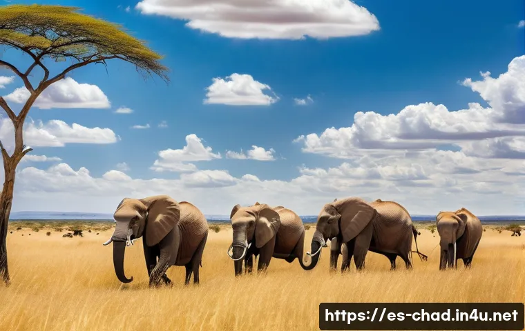 차드 국립공원 탐방 - A majestic herd of African elephants roaming across expansive golden savanna plains under a bright b...