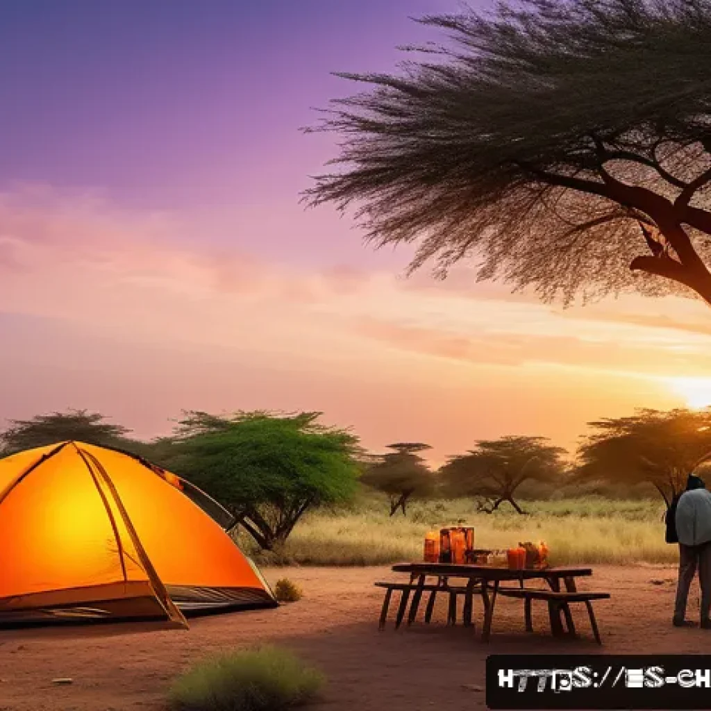차드에서 텐트 캠핑하기 - A panoramic campsite scene near Lake Chad at sunset, featuring a sturdy wind-resistant tent pitched ...