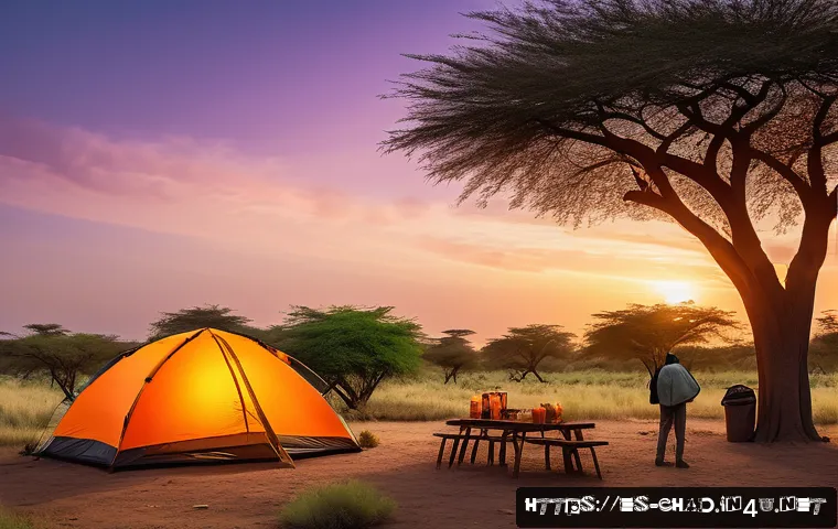 차드에서 텐트 캠핑하기 - A panoramic campsite scene near Lake Chad at sunset, featuring a sturdy wind-resistant tent pitched ...