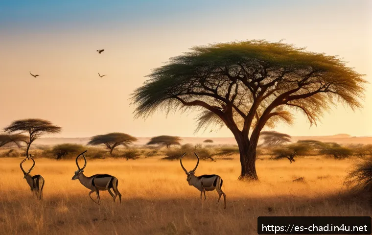 차드의 다양한 생태계 탐험 - A vibrant Chadian savanna landscape during golden hour, featuring sprawling dry tropical grasslands ...