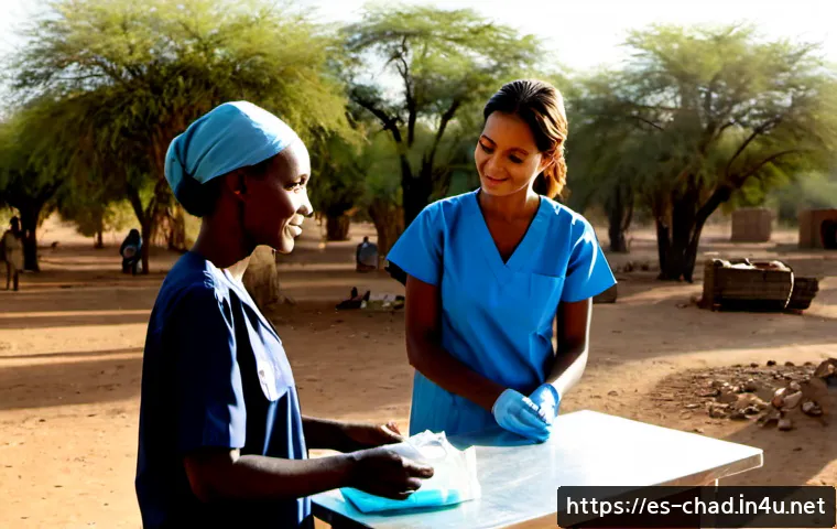 Home 17 차드에서 의료 봉사 활동 - Photorealistic humanitarian medical outreach in rural Chad, a compassionate Spanish-speaking volunte...