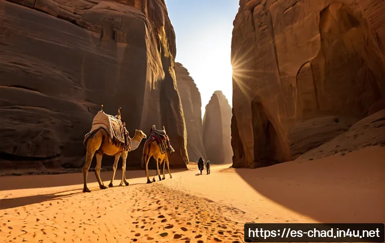 차드에서 가장 유명한 사진 명소 - Photorealistic sunrise landscape of the Ennedi Plateau in Chad, monumental natural sandstone arches ...