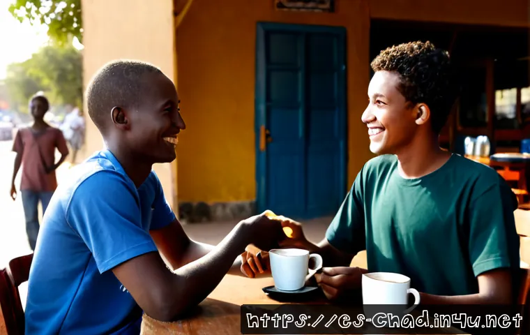 차드에서 친구 사귀는 팁 - Photorealistic scene in N'Djamena, Chad: two friendly young adult men and a young adult woman sharin...